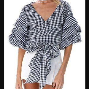 Simplee Women's Off Shoulder V Neck Wrap Blouse Black White Gingham - Small